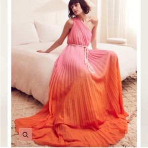 AMUR Garret pleated one shoulder maxi pink orange belted gown sz.00